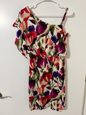 dressbarn One-Shoulder Floral Dress in Cream, Red, Purple, Green